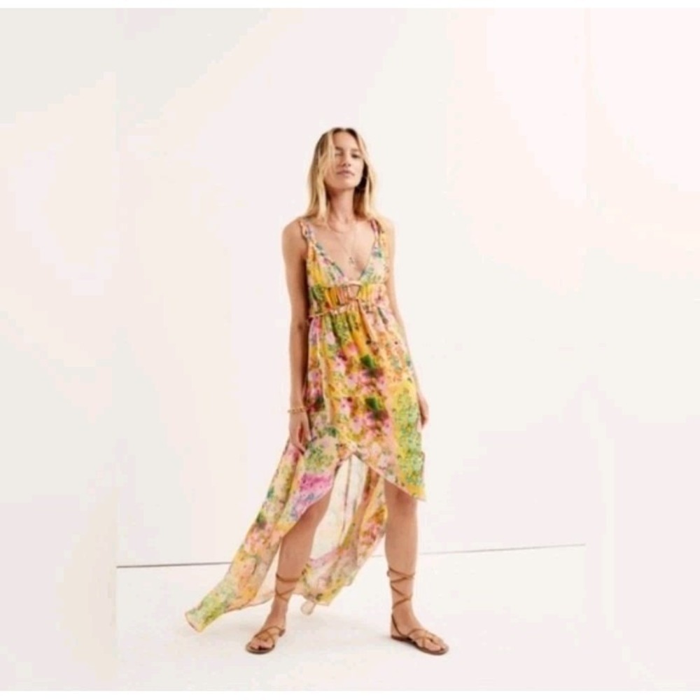 For Love & Lemons Floral Sheer Chiffon Madison Asymmetric Maxi Dress Womens S